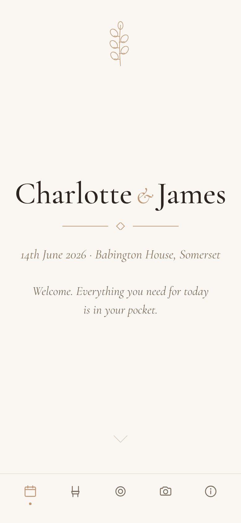 Screenshot of the Charlotte and James wedding guide running in a mobile browser